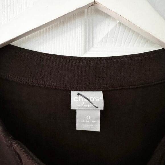 Travelers Chico's Chocolate Brown 3/4 Sleeve Slinky Tunic Top Laced Gold Chain 0 - Picture 2 of 7